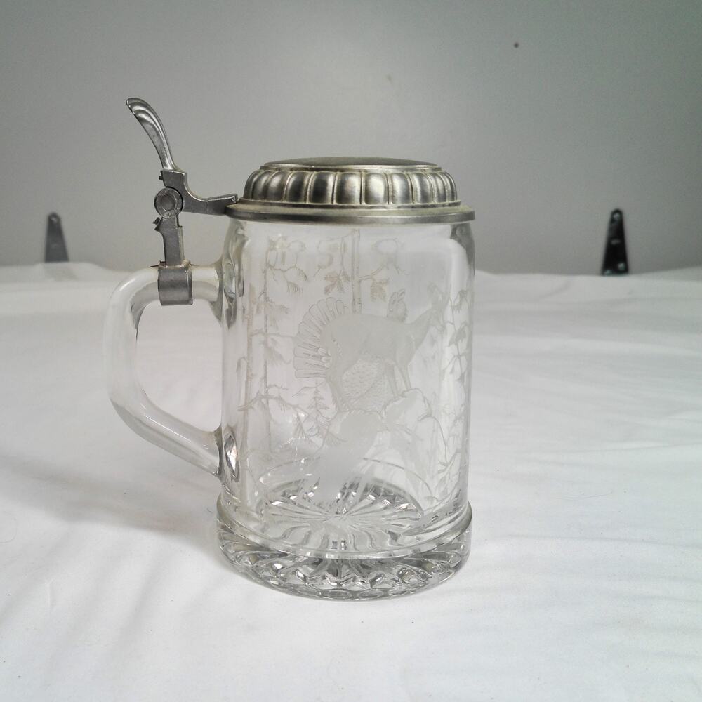 Vintage ALWE Glass Beer Stein w/ Pewter Lid Etched Game Birds